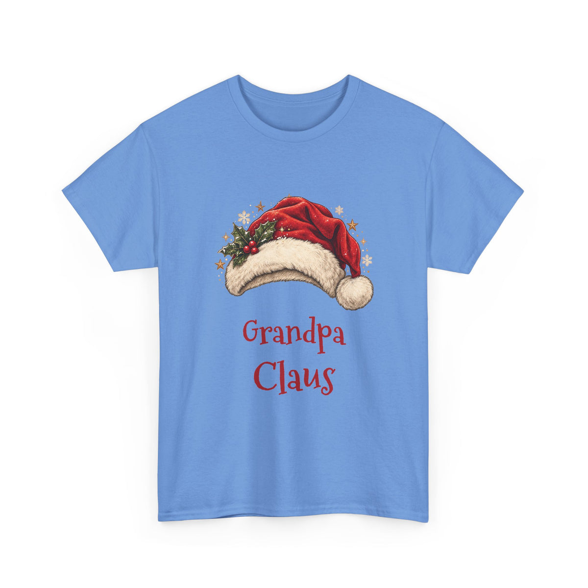 Carolina Blue Grandpa Claus t-shirt with a red Santa hat and holly, front view