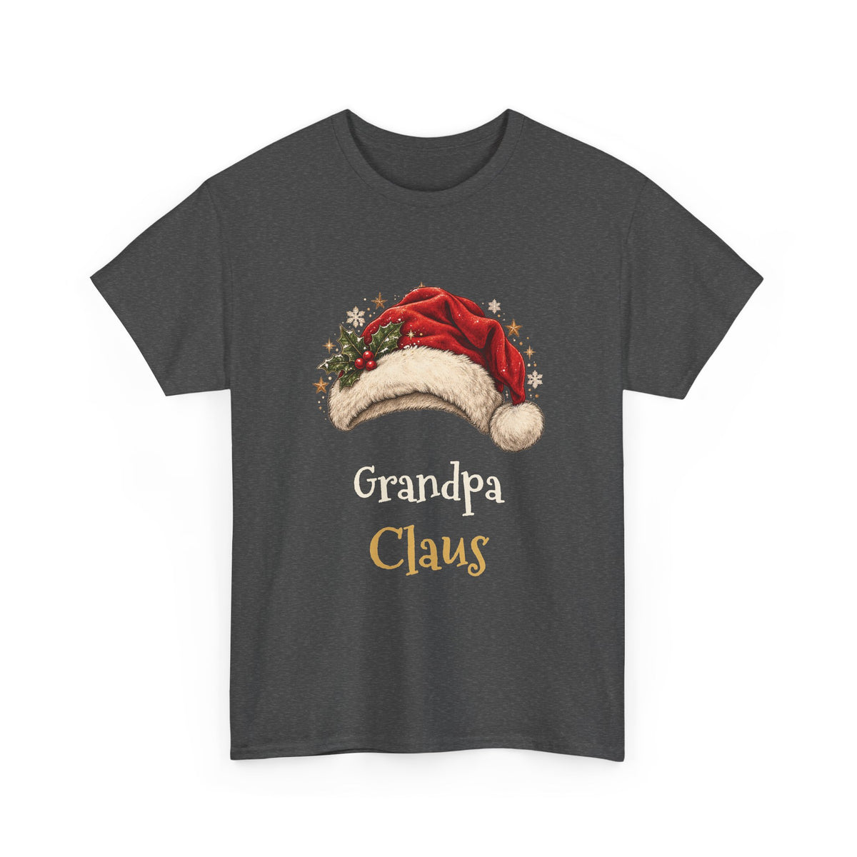Dark Heather Grandpa Claus t-shirt with a red Santa hat and holly, front view