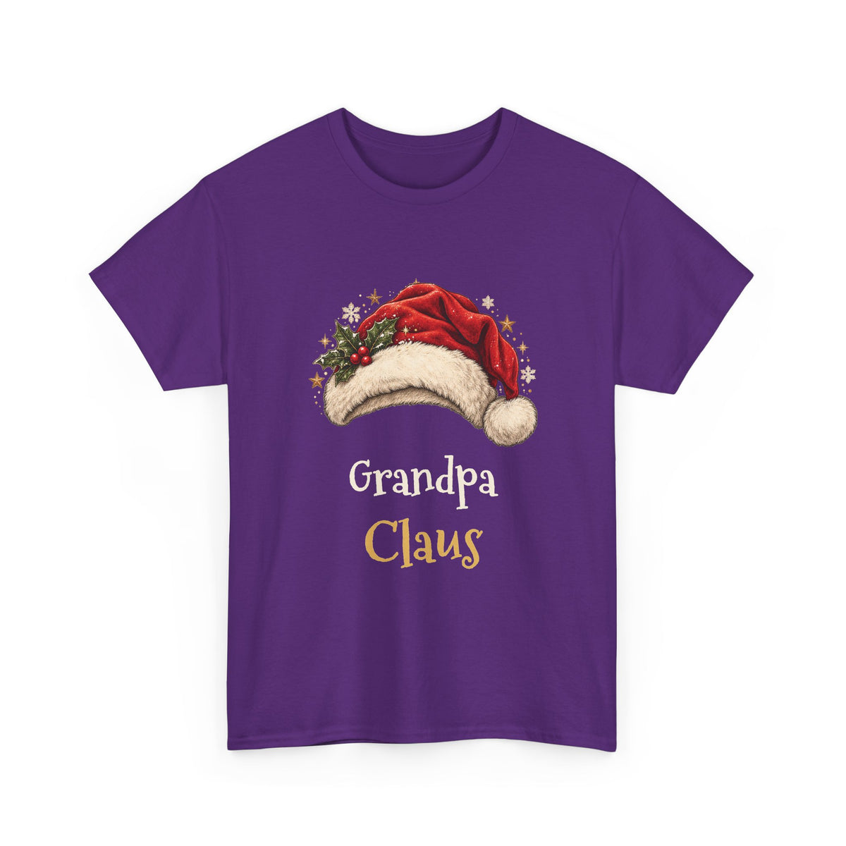 Purple Grandpa Claus t-shirt with a red Santa hat and holly, front view