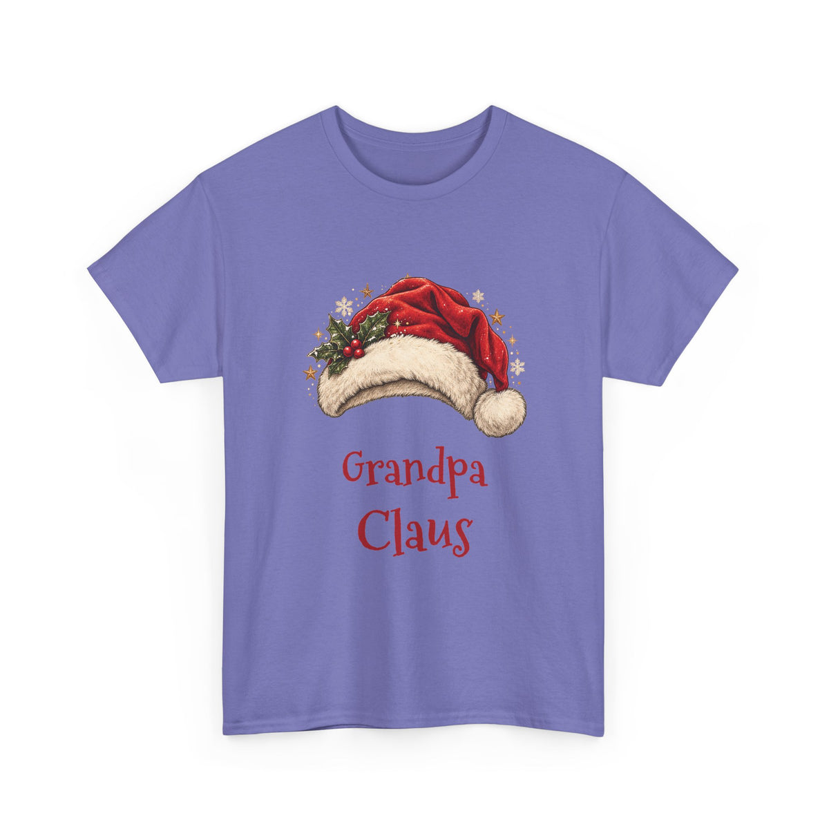Violet Grandpa Claus t-shirt with a red Santa hat and holly, front view