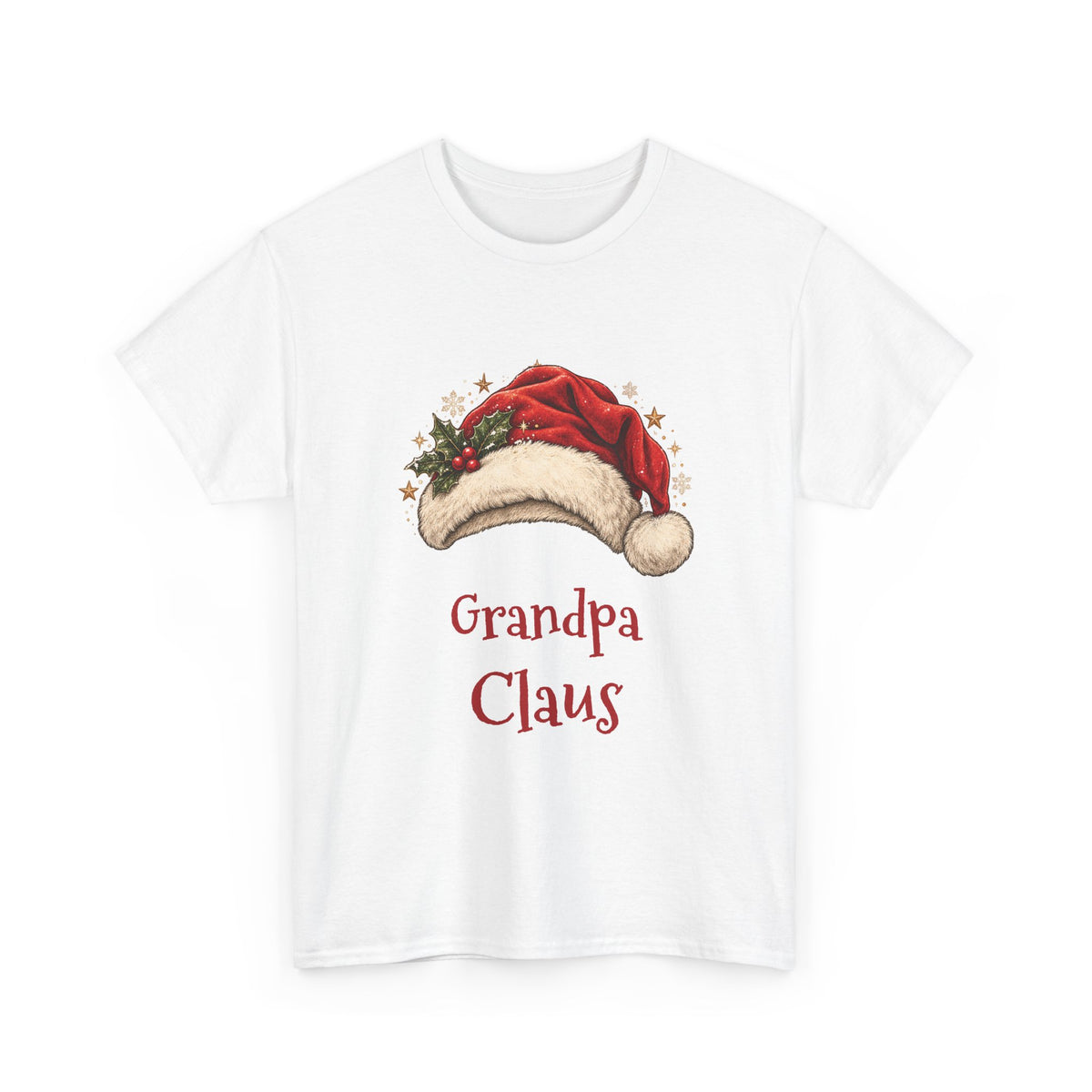 White Grandpa Claus t-shirt with a red Santa hat and holly, front view