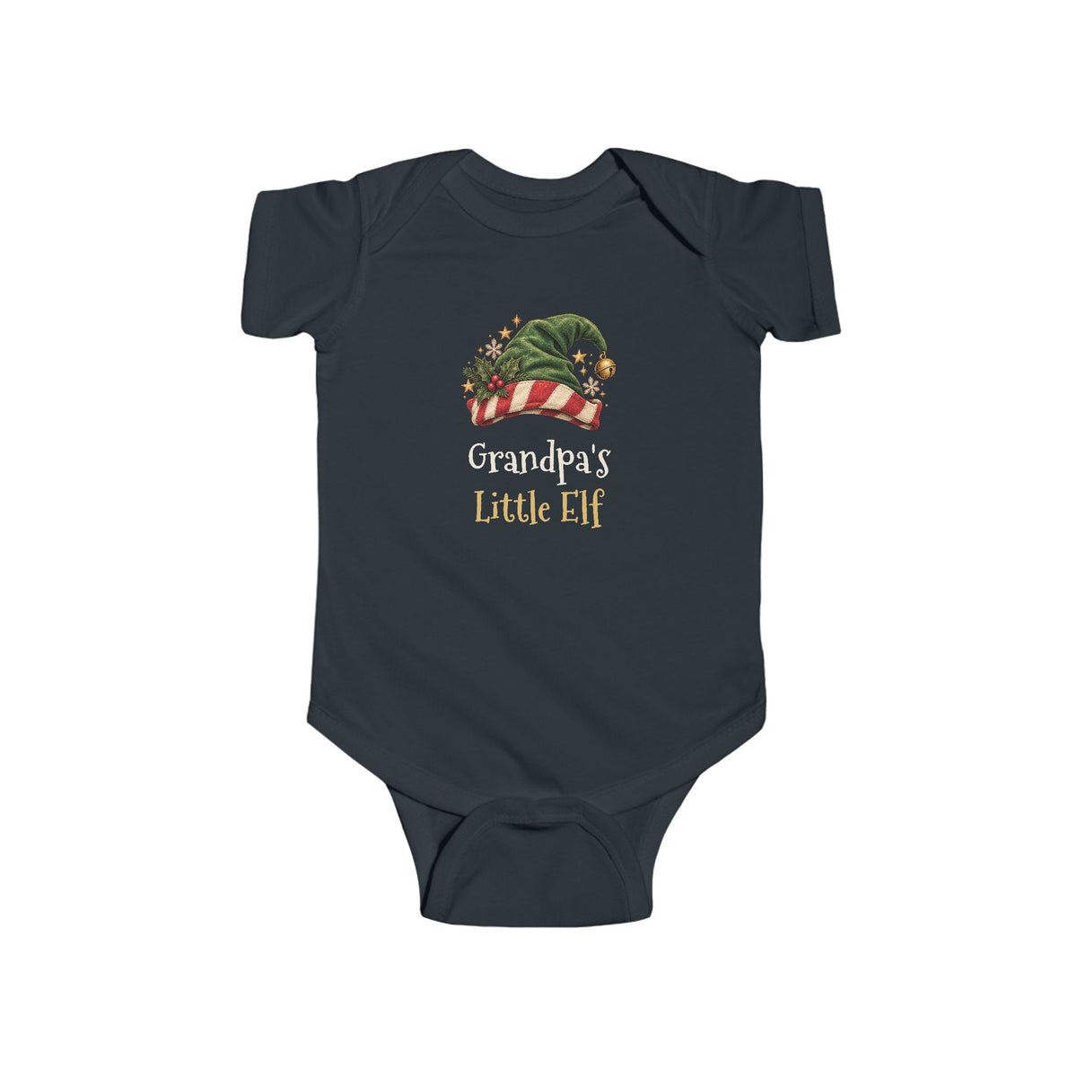 Black Grandpa's Little Elf baby bodysuit with a green elf hat and holly, front view