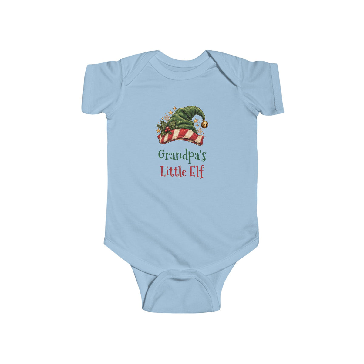 Light Blue Grandpa's Little Elf baby bodysuit with a green elf hat and holly, front view