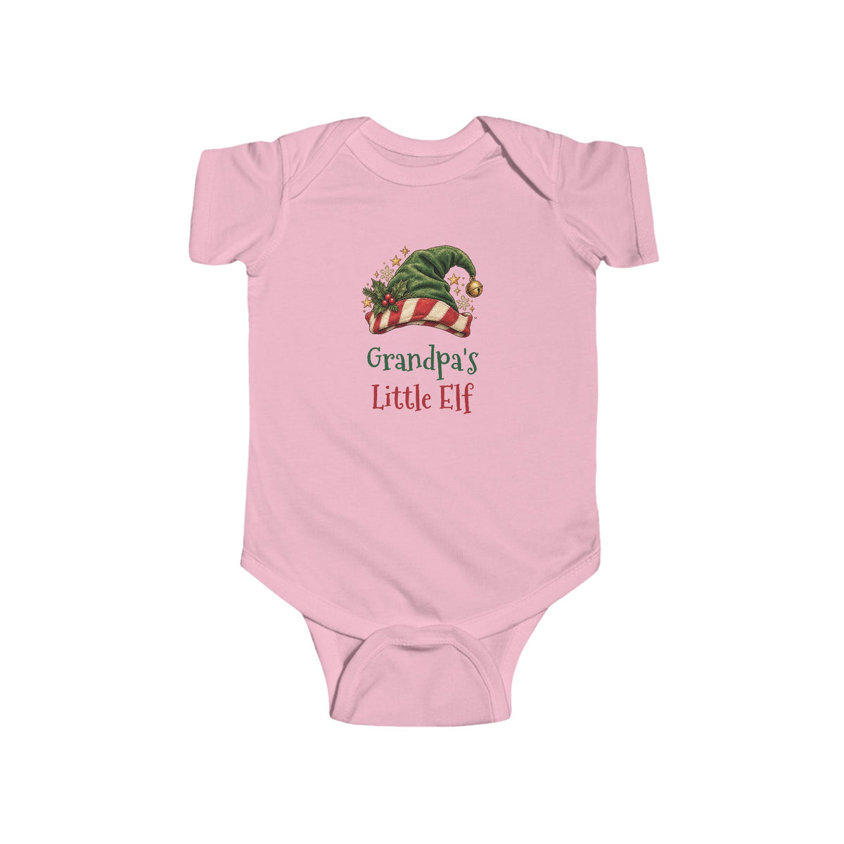 Pink Grandpa's Little Elf baby bodysuit with a green elf hat and holly, front view