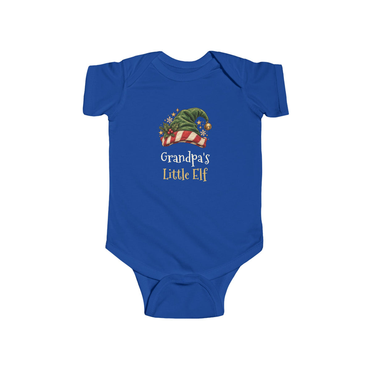 Royal Grandpa's Little Elf baby bodysuit with a green elf hat and holly, front view