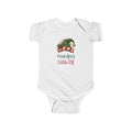 White Grandpa's Little Elf baby bodysuit with a green elf hat and holly, front view