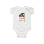 White Grandpa's Little Elf baby bodysuit with a green elf hat and holly, front view