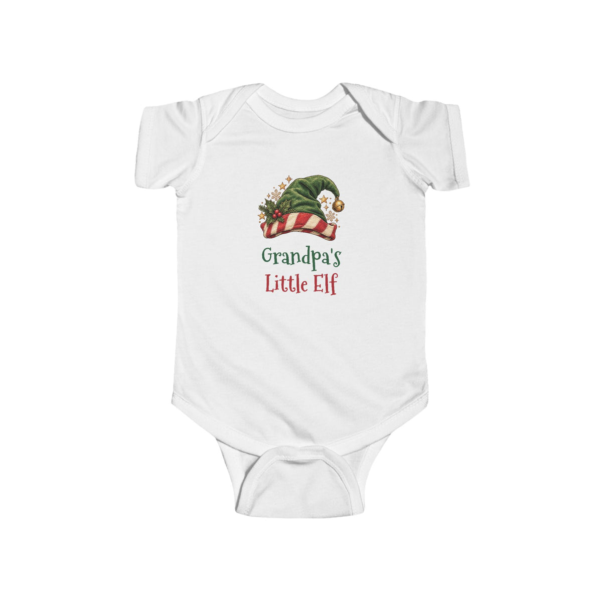 White Grandpa's Little Elf baby bodysuit with a green elf hat and holly, front view
