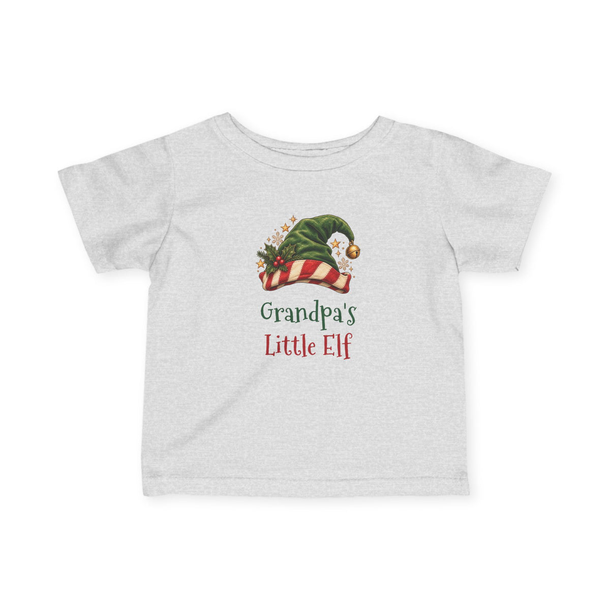 Heather Grandpa's Little Elf baby t-shirt with a green elf hat and holly, front view