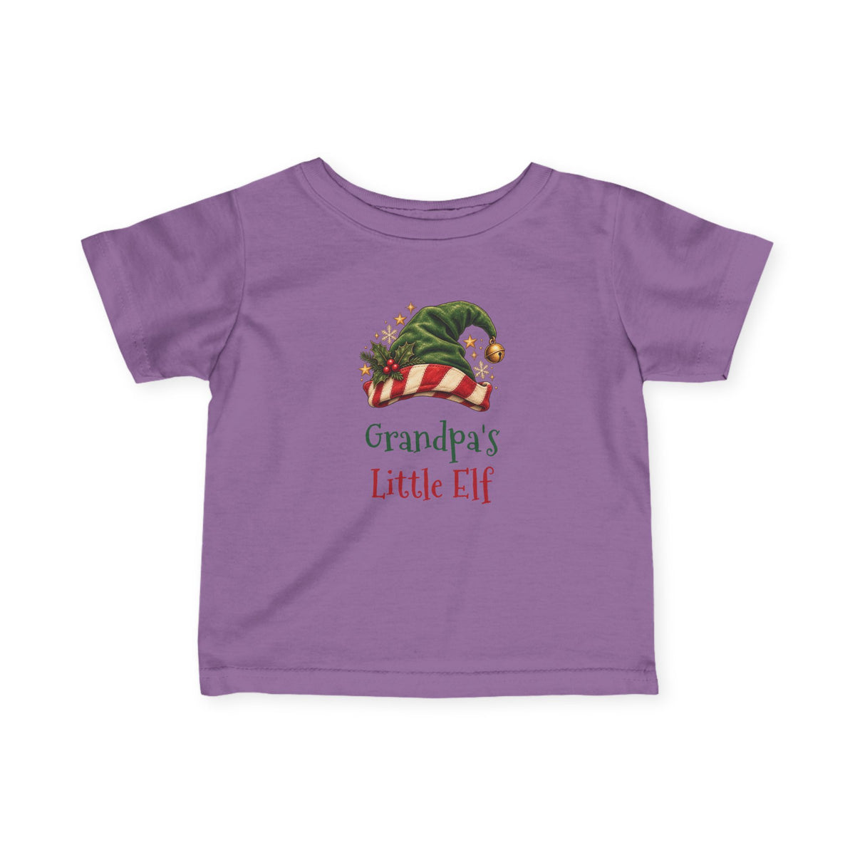 Lavender Grandpa's Little Elf baby t-shirt with a green elf hat and holly, front view