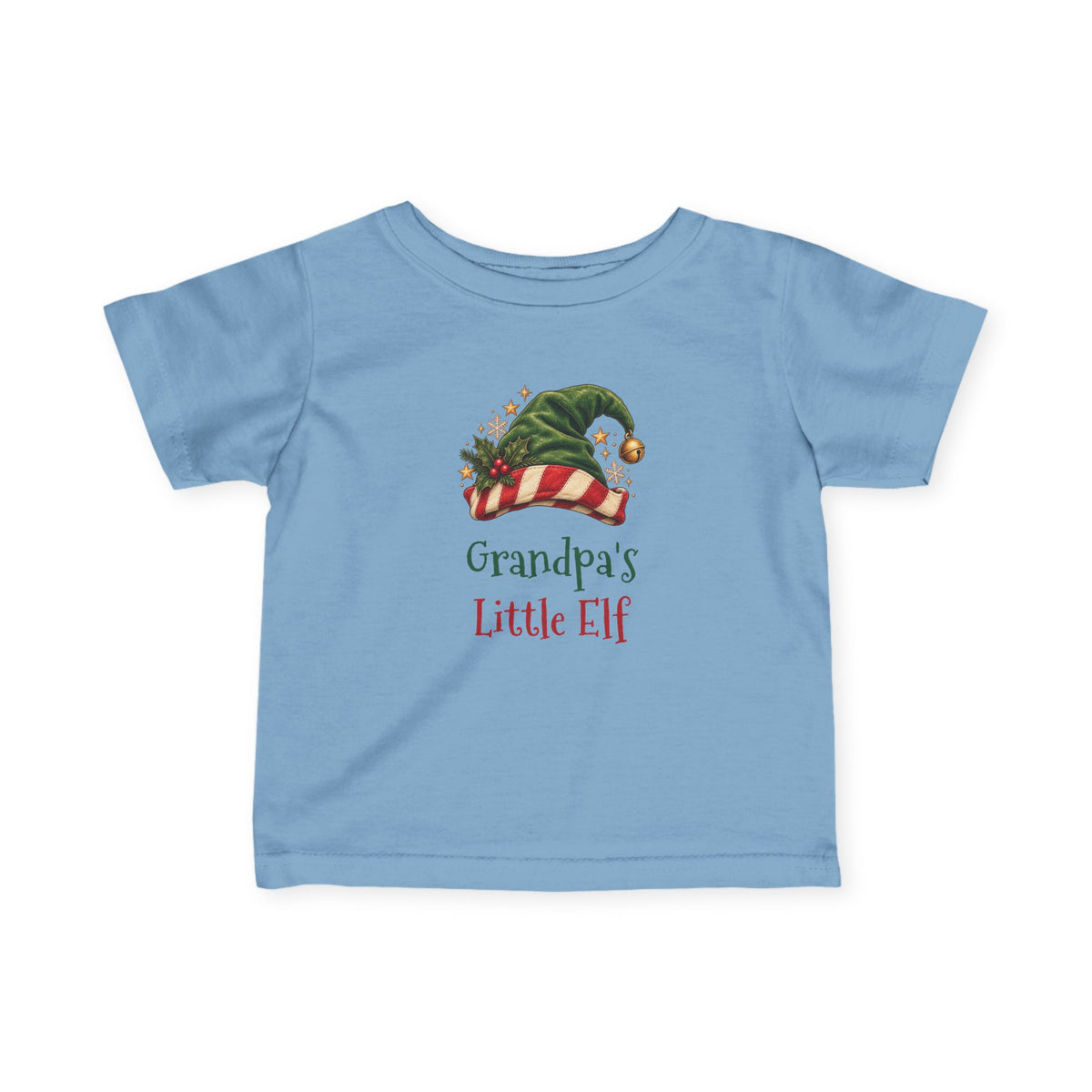 Light Blue Grandpa's Little Elf baby t-shirt with a green elf hat and holly, front view
