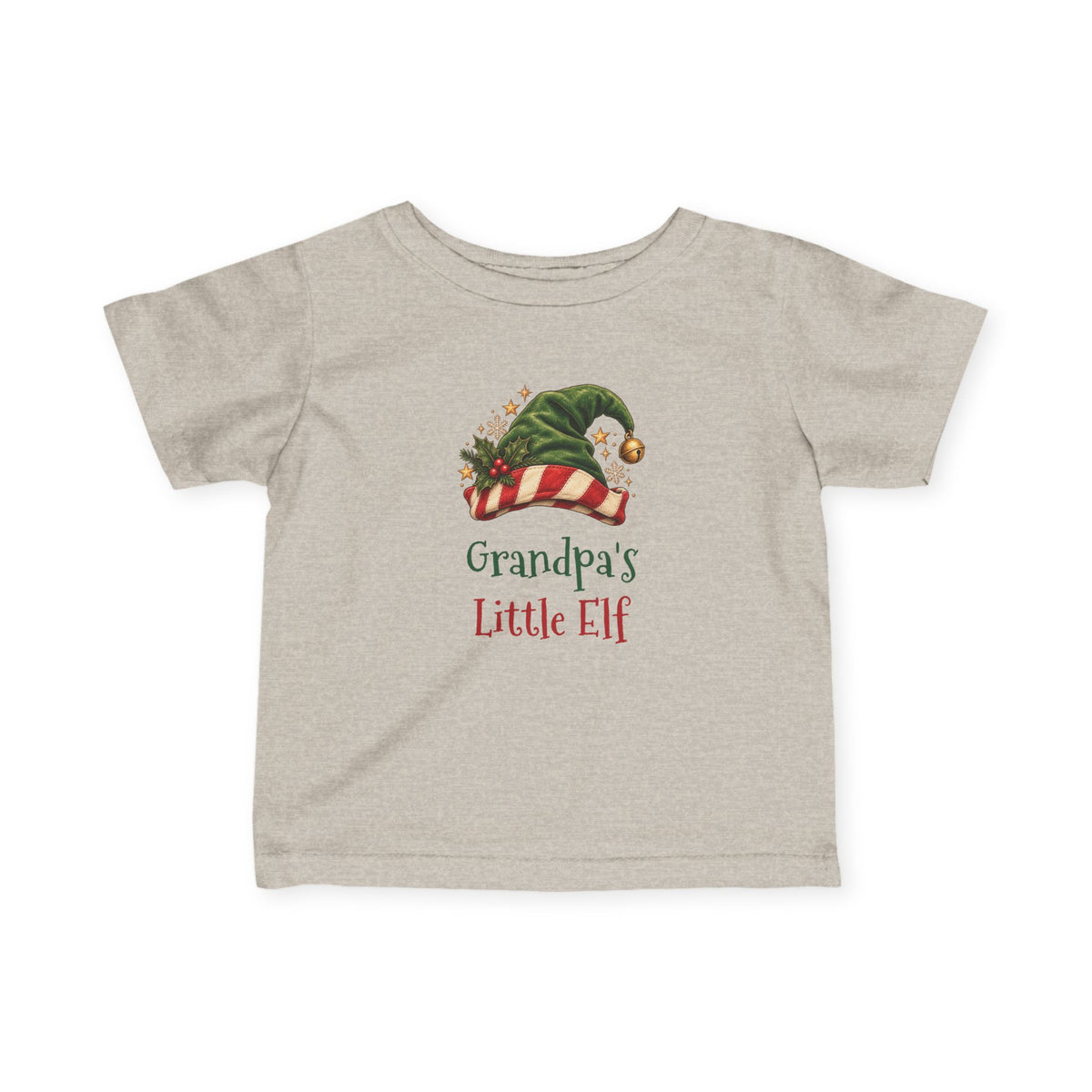 Natural Heather Grandpa's Little Elf baby t-shirt with a green elf hat and holly, front view