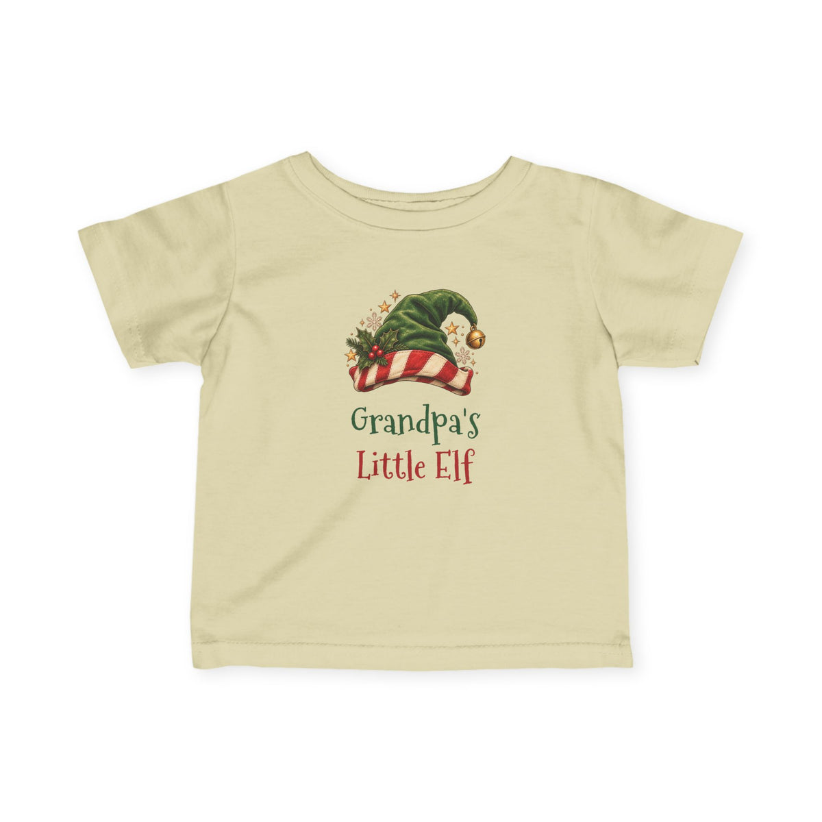 Natural Grandpa's Little Elf baby t-shirt with a green elf hat and holly, front view