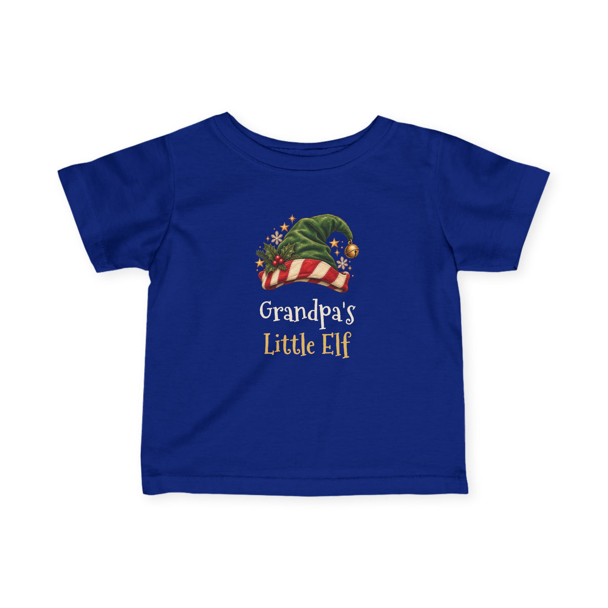 Royal Grandpa's Little Elf baby t-shirt with a green elf hat and holly, front view