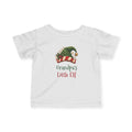 White Grandpa's Little Elf baby t-shirt with a green elf hat and holly, front view