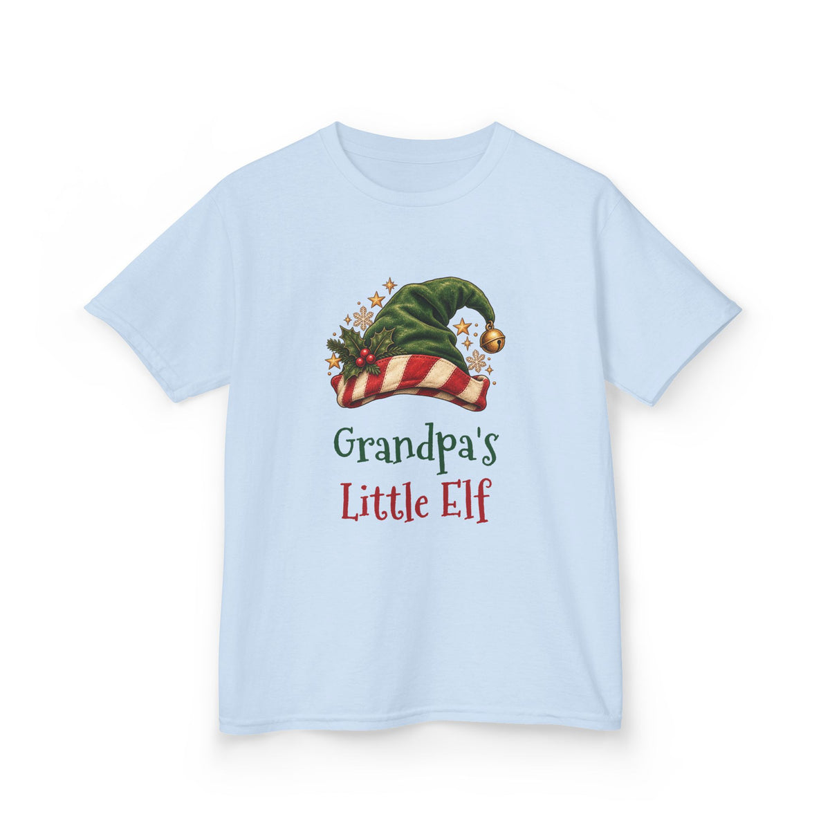 Light Blue Grandpa's Little Elf kids t-shirt with a green elf hat and holly, front view