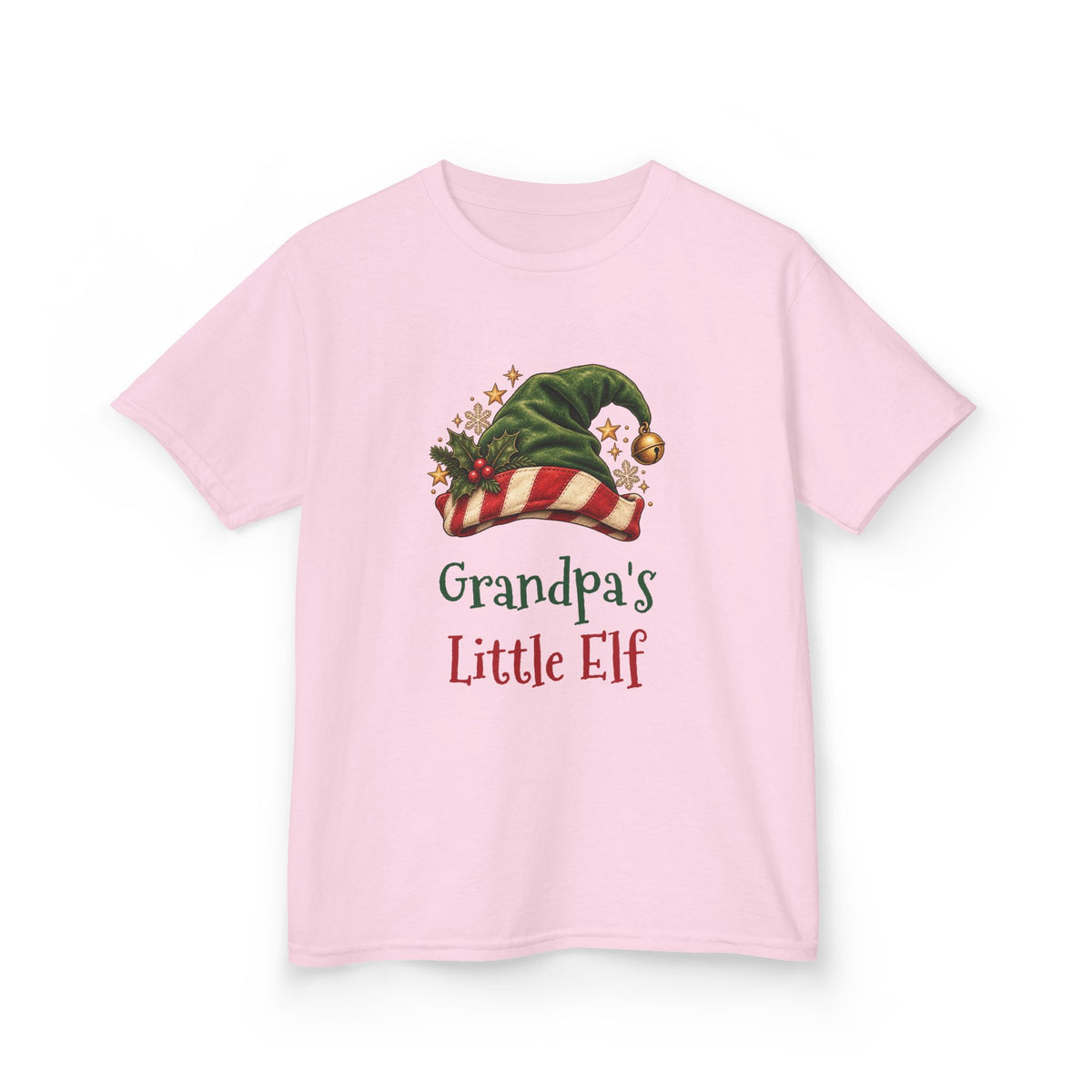 Light Pink Grandpa's Little Elf kids t-shirt with a green elf hat and holly, front view