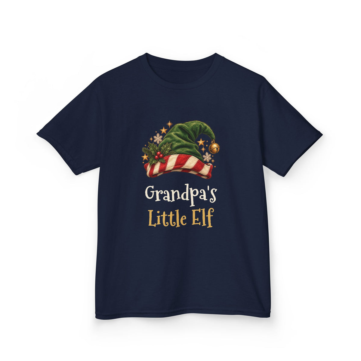 Navy Grandpa's Little Elf kids t-shirt with a green elf hat and holly, front view