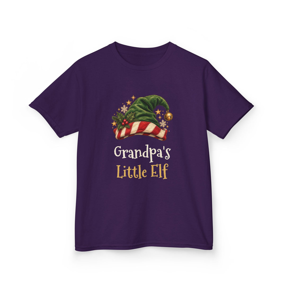 Purple Grandpa's Little Elf kids t-shirt with a green elf hat and holly, front view