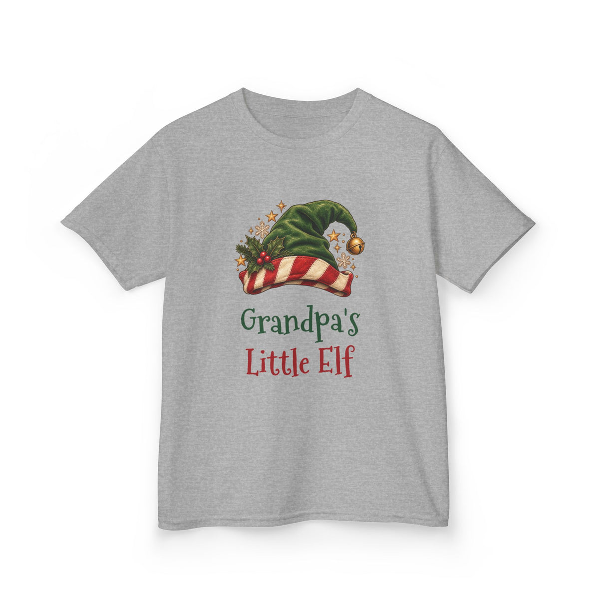 Sport Grey Grandpa's Little Elf kids t-shirt with a green elf hat and holly, front view