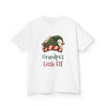 White Grandpa's Little Elf kids t-shirt with a green elf hat and holly, front view