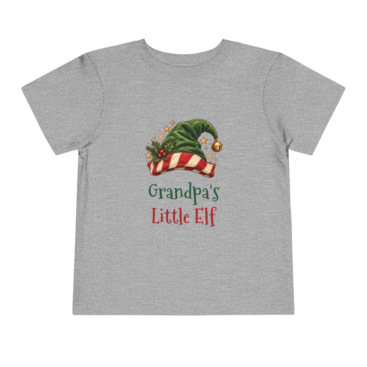 Athletic Heather Grandpa's Little Elf toddler t-shirt with a green elf hat and holly, front view