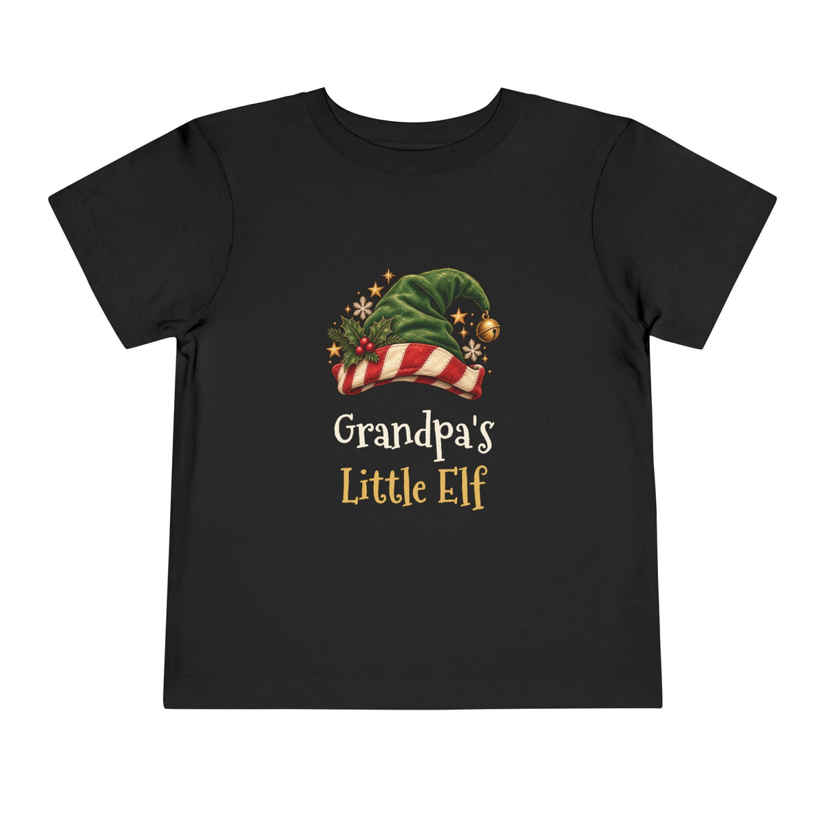 Black Grandpa's Little Elf toddler t-shirt with a green elf hat and holly, front view
