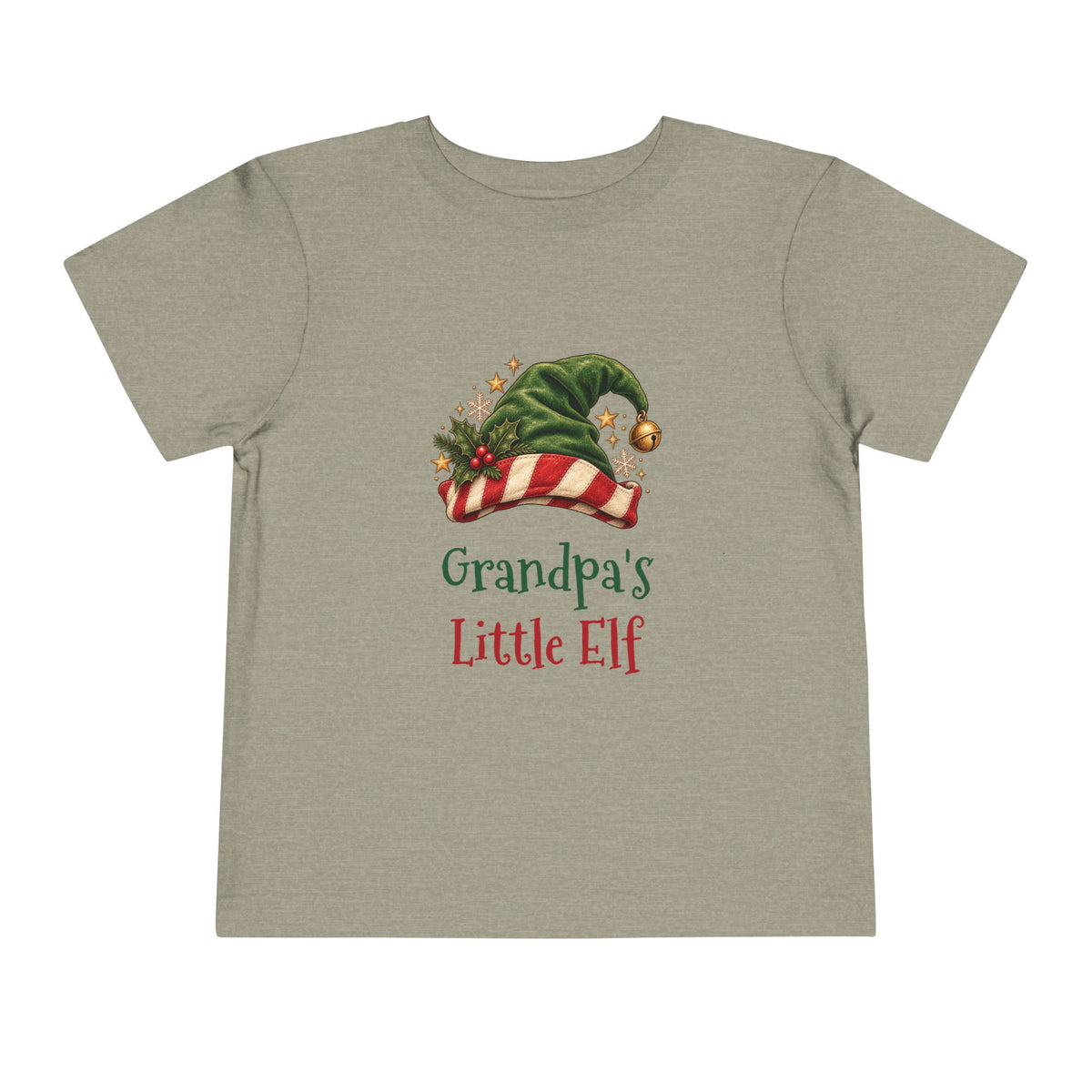 Heather Stone Grandpa's Little Elf toddler t-shirt with a green elf hat and holly, front view