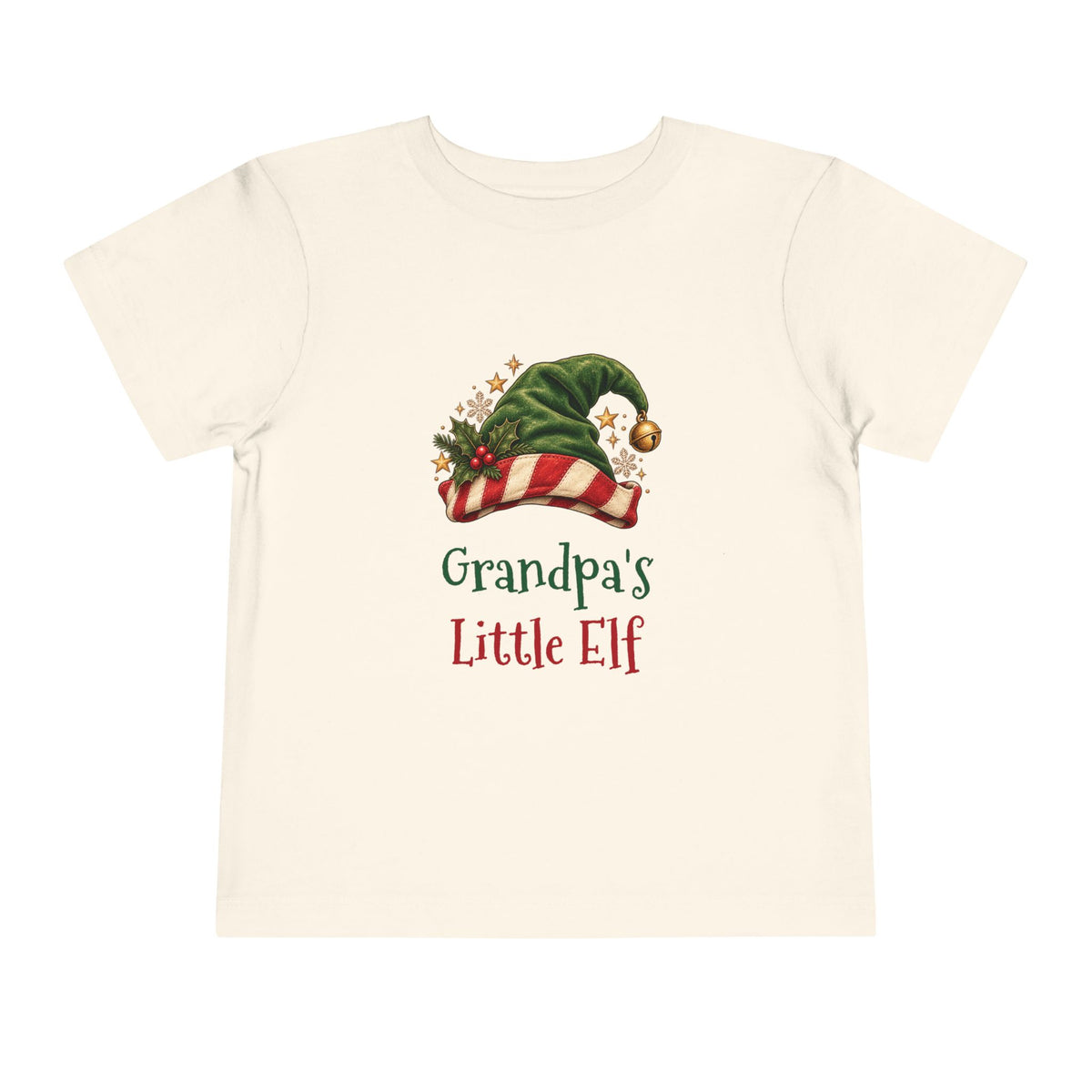 Natural Grandpa's Little Elf toddler t-shirt with a green elf hat and holly, front view