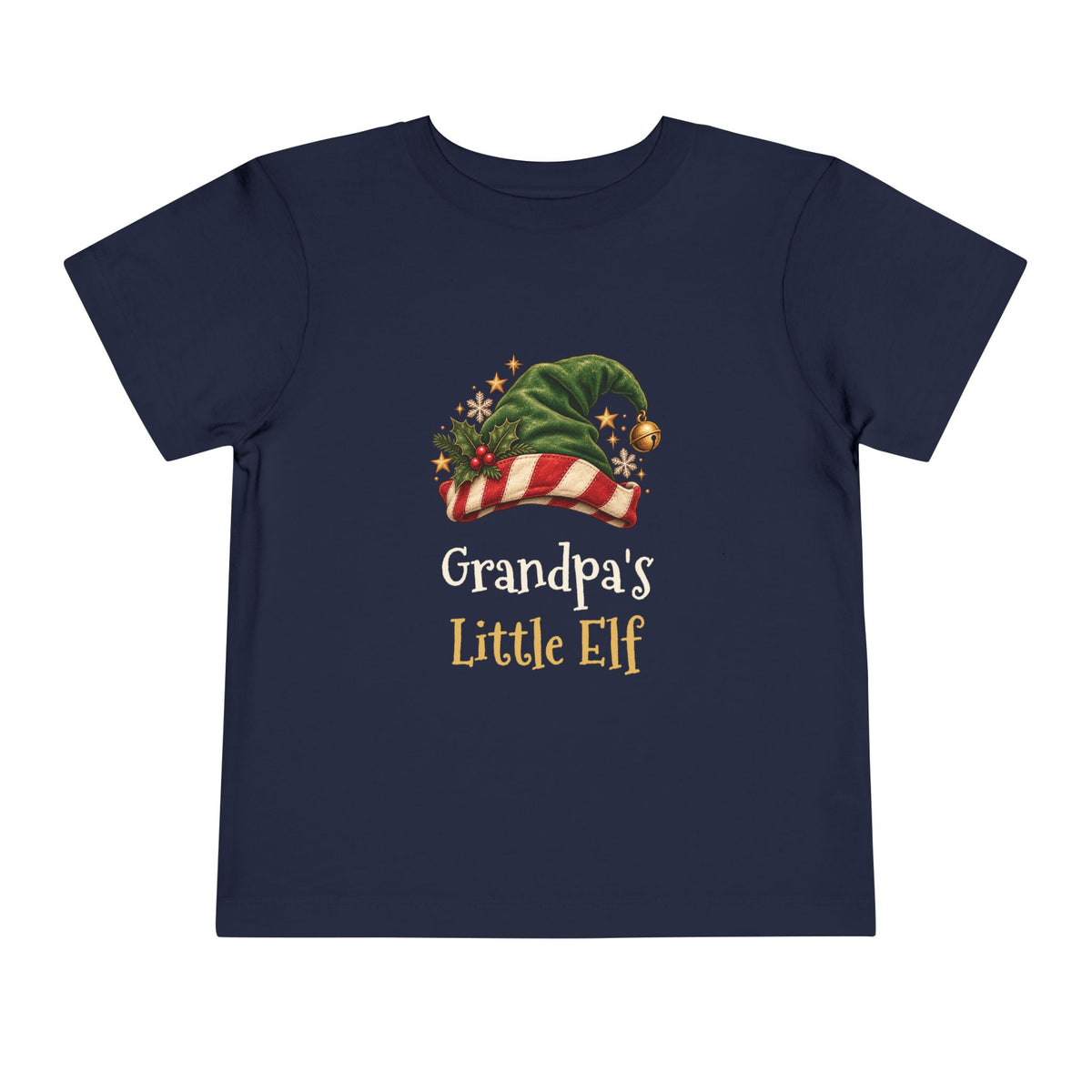 Navy Grandpa's Little Elf toddler t-shirt with a green elf hat and holly, front view