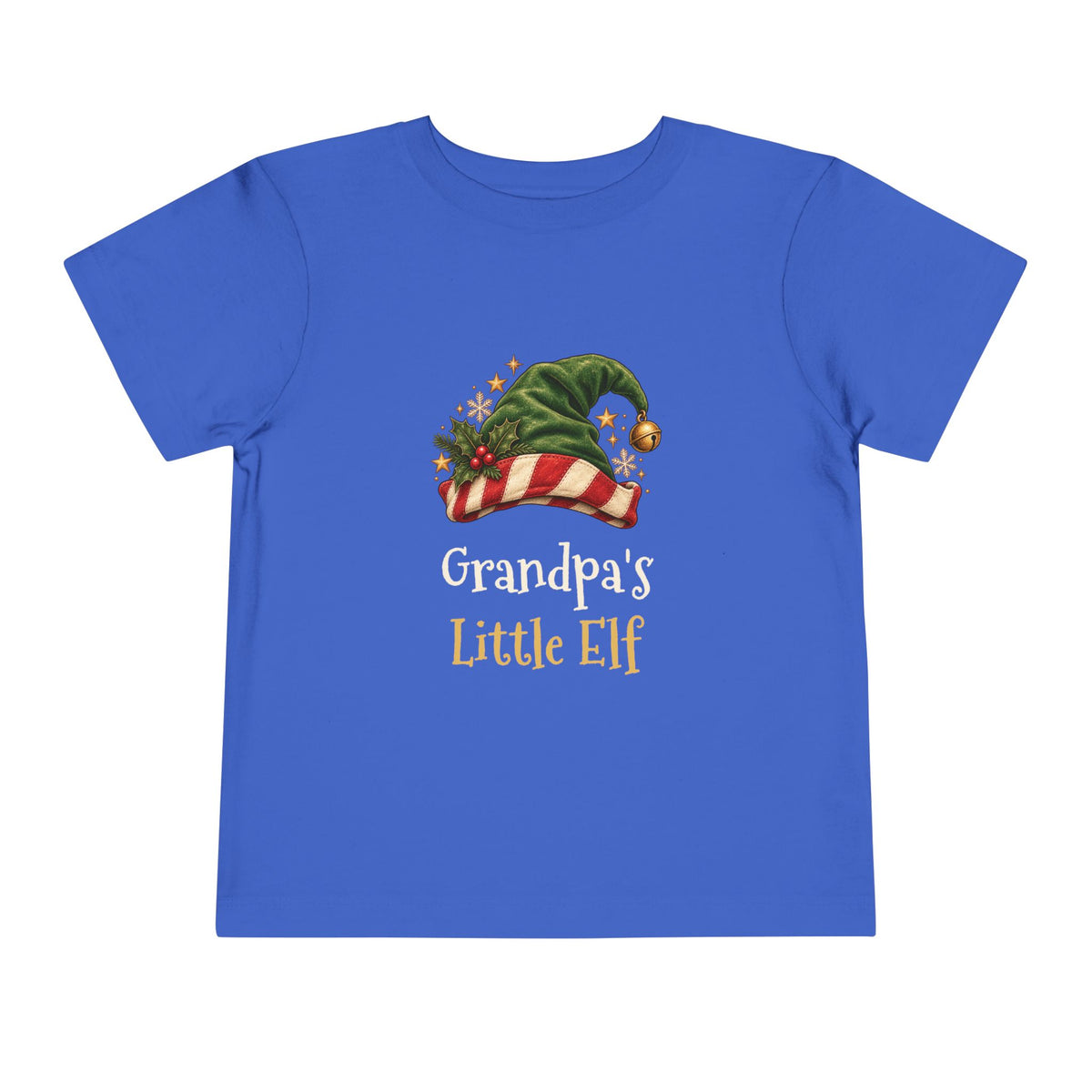 True Royal Grandpa's Little Elf toddler t-shirt with a green elf hat and holly, front view