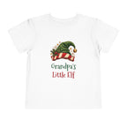 White Grandpa's Little Elf toddler t-shirt with a green elf hat and holly, front view