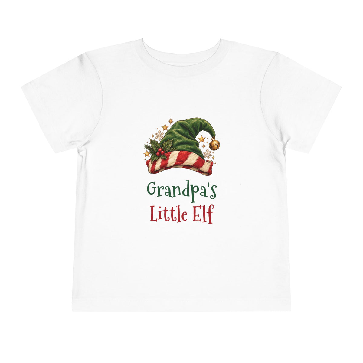 White Grandpa's Little Elf toddler t-shirt with a green elf hat and holly, front view