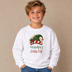 Boy wearing the White Grandpa's Little Elf Youth Sweatshirt