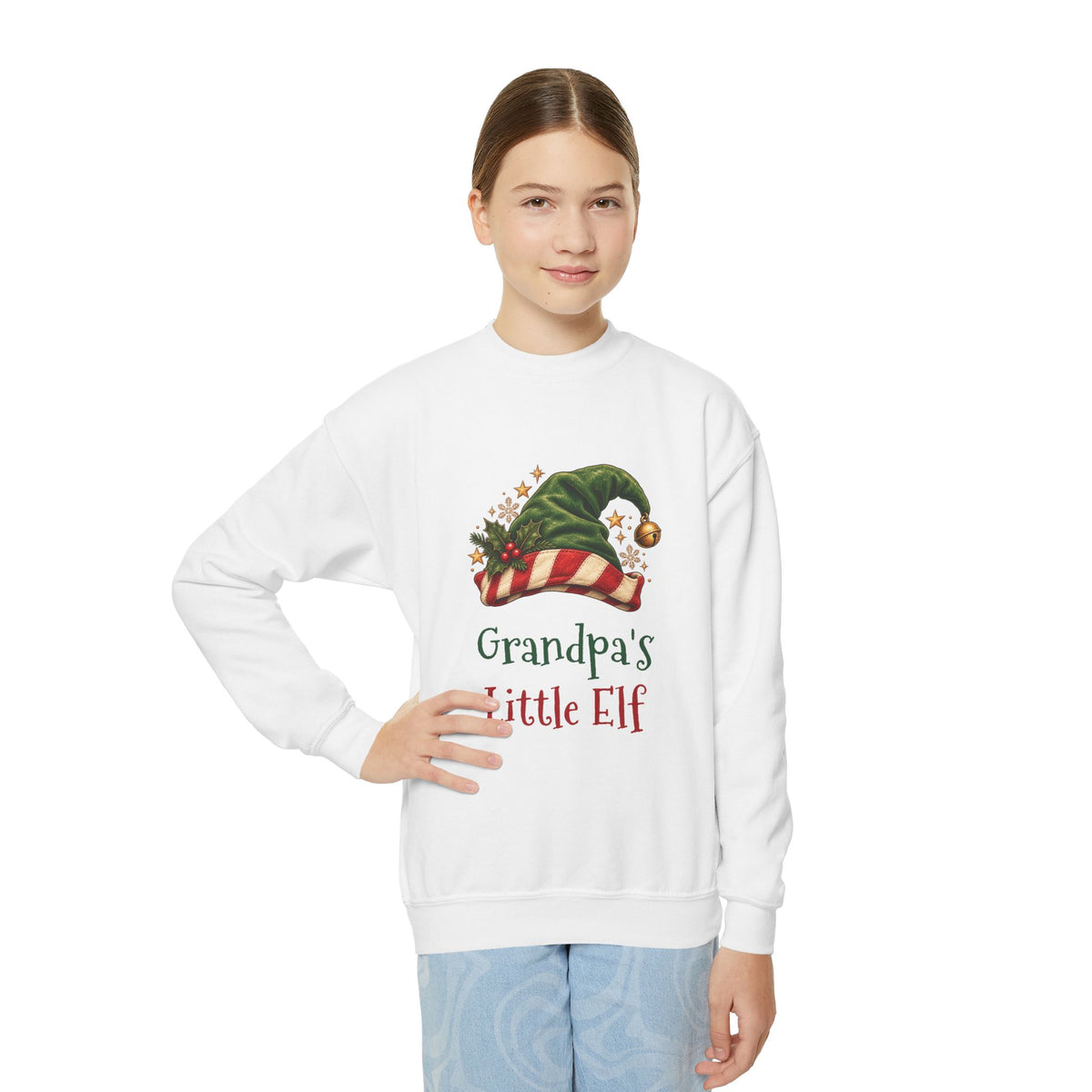 Girl wearing the Grandpa's Little Elf Youth Sweatshirt