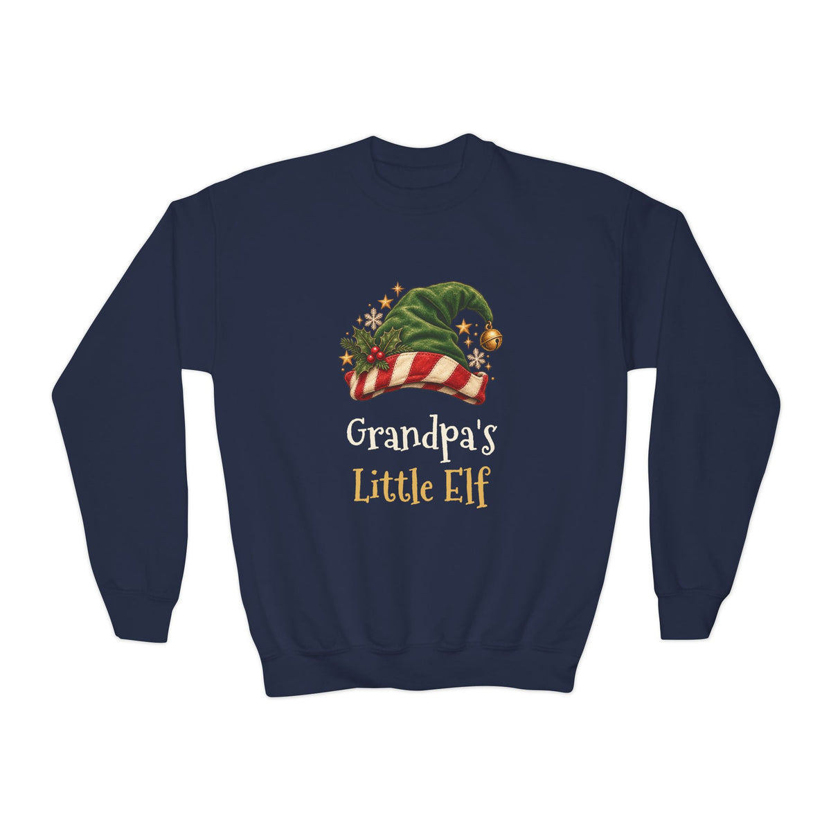 Navy Grandpa's Little Elf youth sweatshirt with a green elf hat and holly, front view