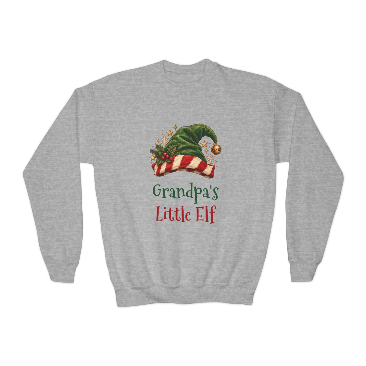 Sport Grey Grandpa's Little Elf youth sweatshirt with a green elf hat and holly, front view