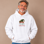Grandfather wearing the White Grandpa's Little Elves Hoodie with jeans