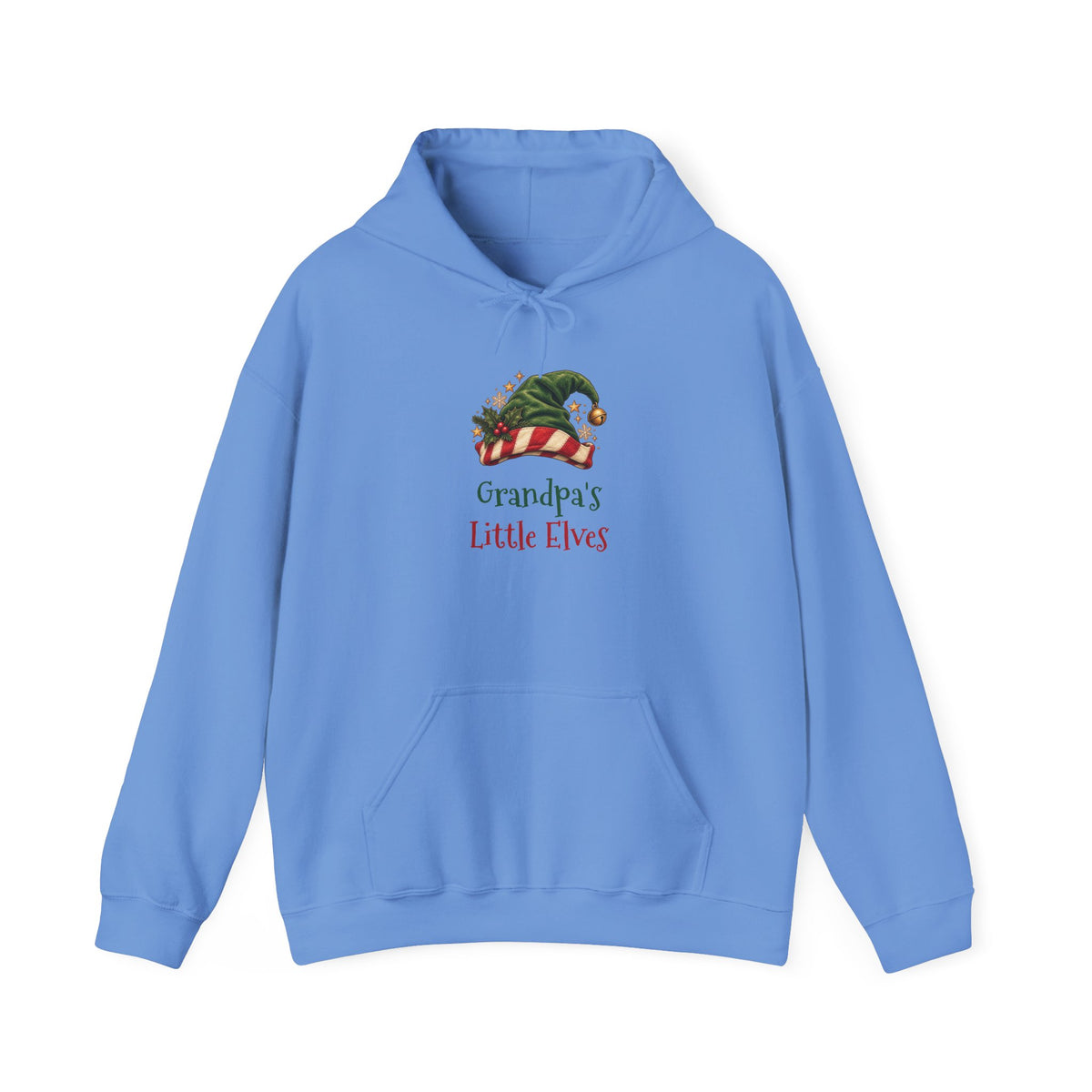 Carolina Blue Grandpa's Little Elves hoodie with a green elf hat and holly, front view
