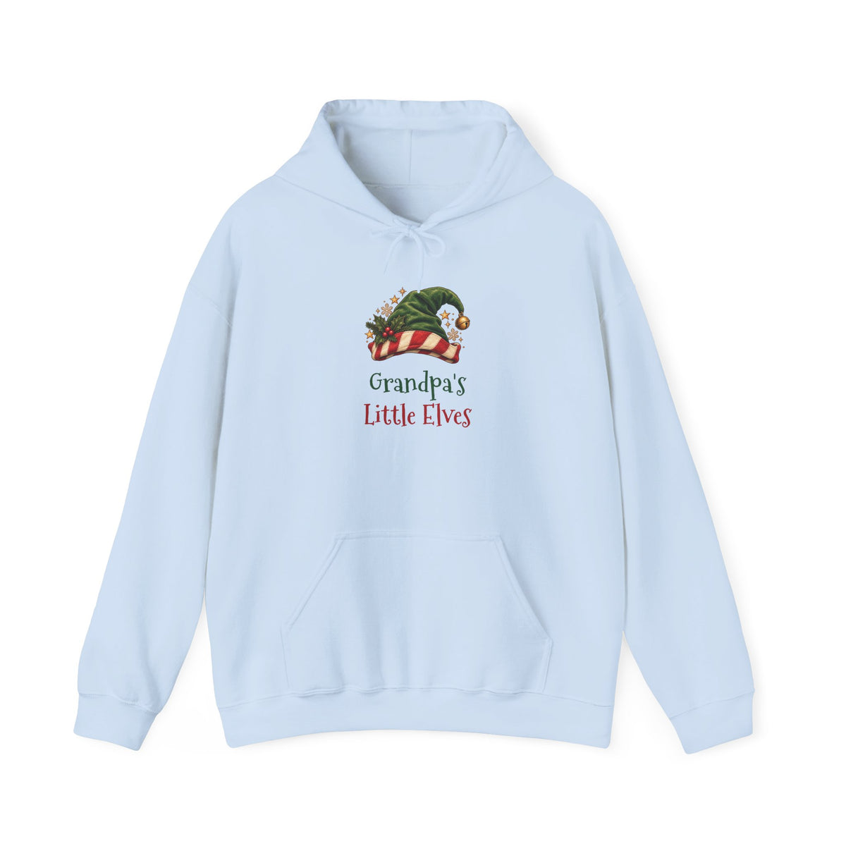 Light Blue Grandpa's Little Elves hoodie with a green elf hat and holly, front view