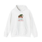 White Grandpa's Little Elves hoodie with a green elf hat and holly, front view