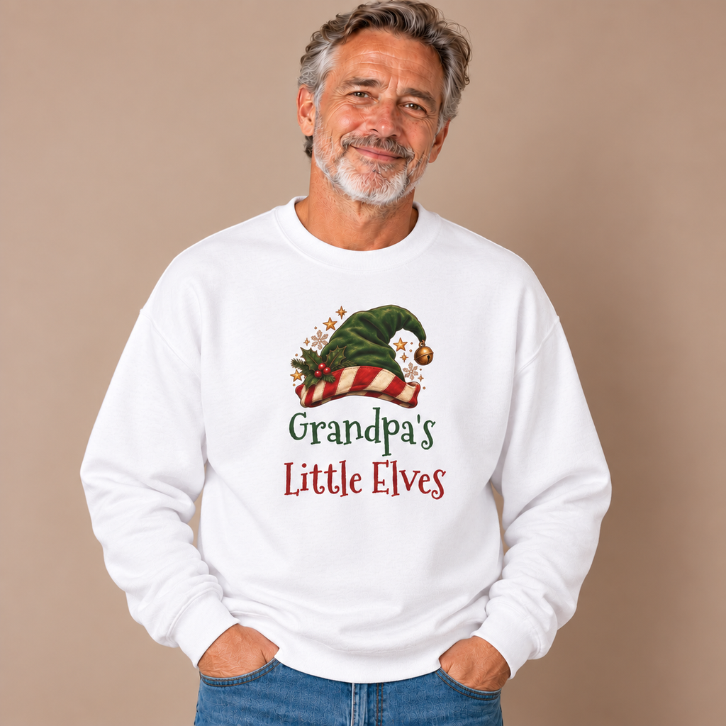 Grandfather wearing the White Grandpa's Little Elves Sweatshirt with jeans