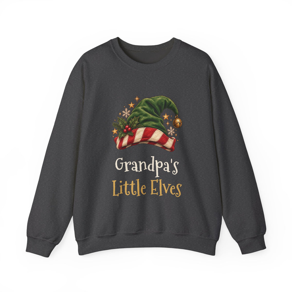 Dark Heather Grandpa's Little Elves sweatshirt with a green elf hat and holly, front view