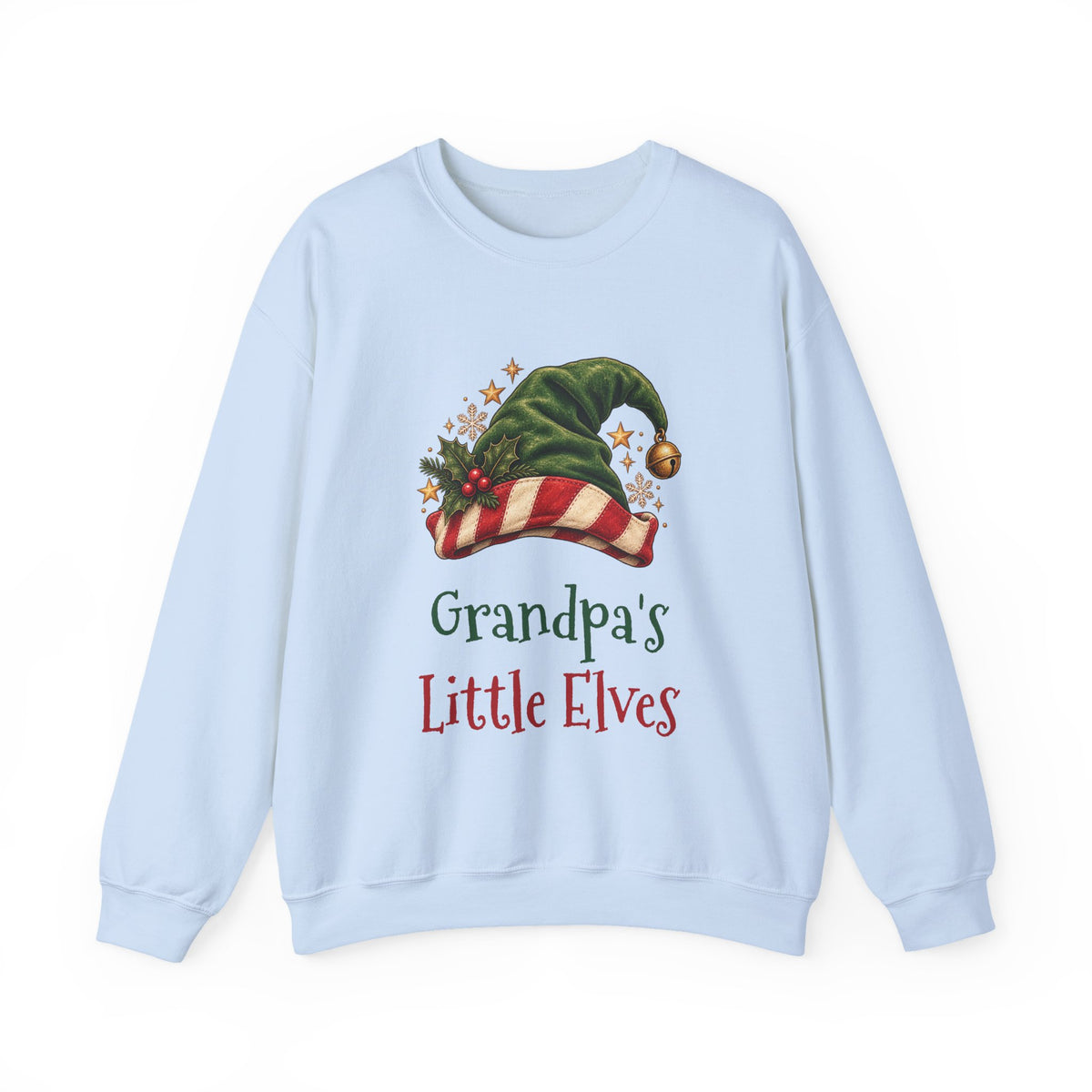Light Blue Grandpa's Little Elves sweatshirt with a green elf hat and holly, front view