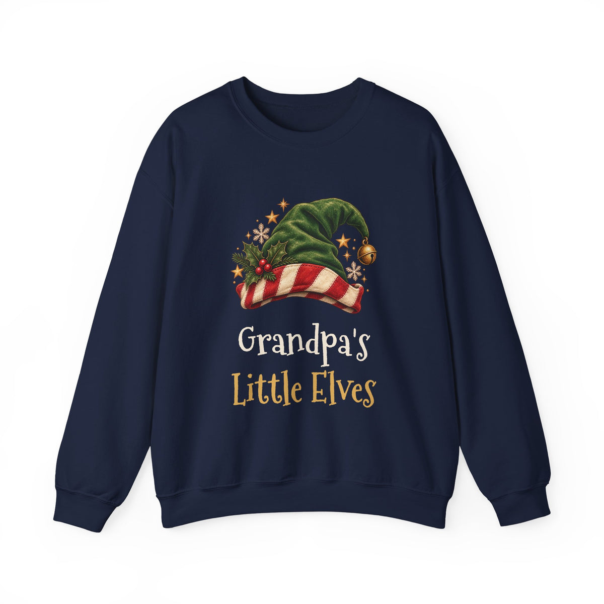 Navy Grandpa's Little Elves sweatshirt with a green elf hat and holly, front view