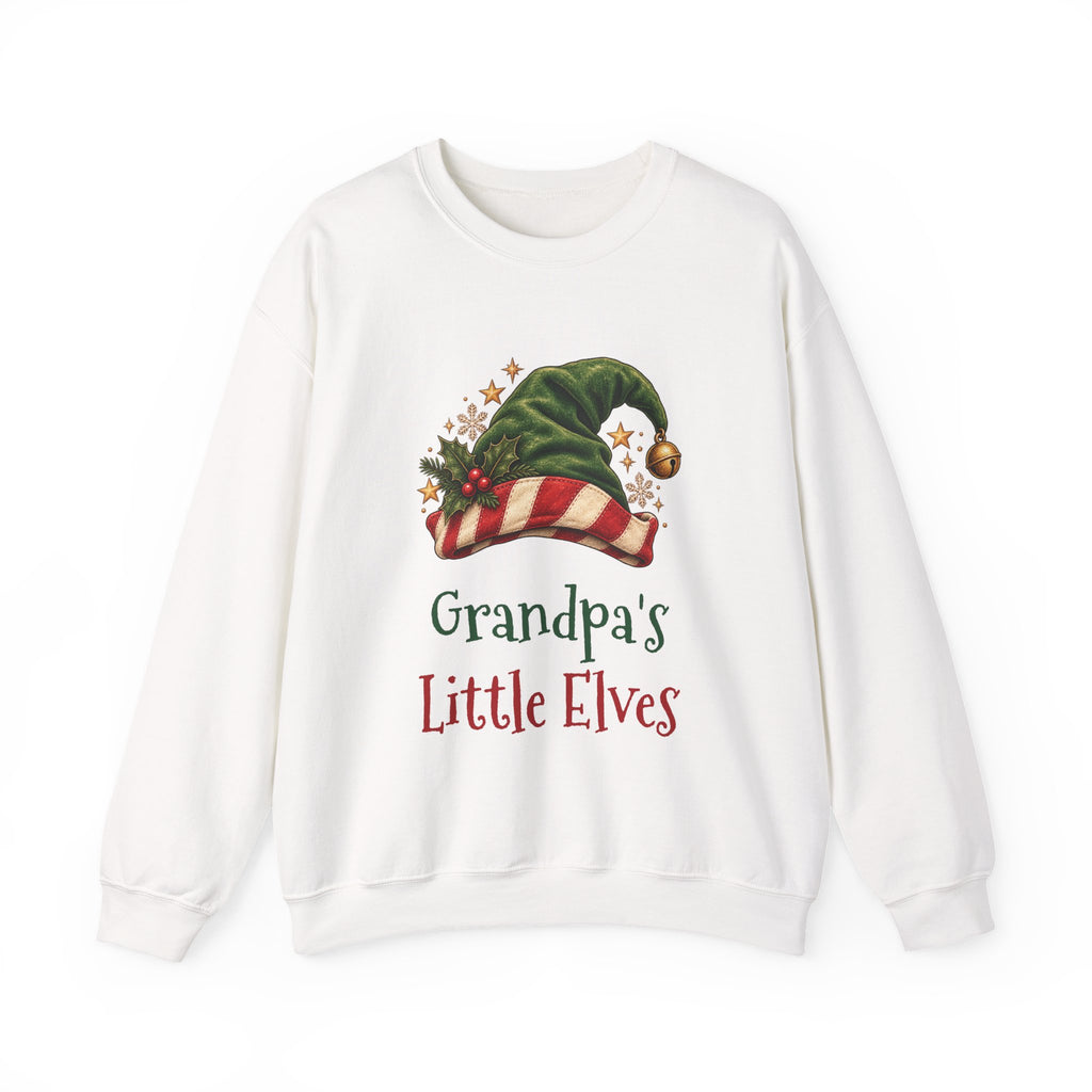 White Grandpa's Little Elves sweatshirt with a green elf hat and holly, front view
