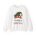 White Grandpa's Little Elves sweatshirt with a green elf hat and holly, front view