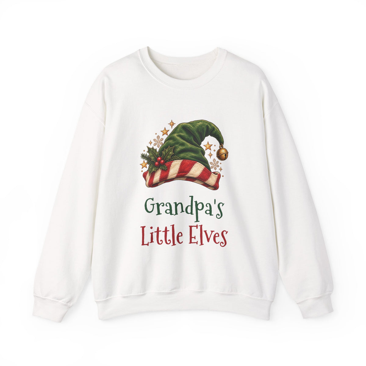 White Grandpa's Little Elves sweatshirt with a green elf hat and holly, front view