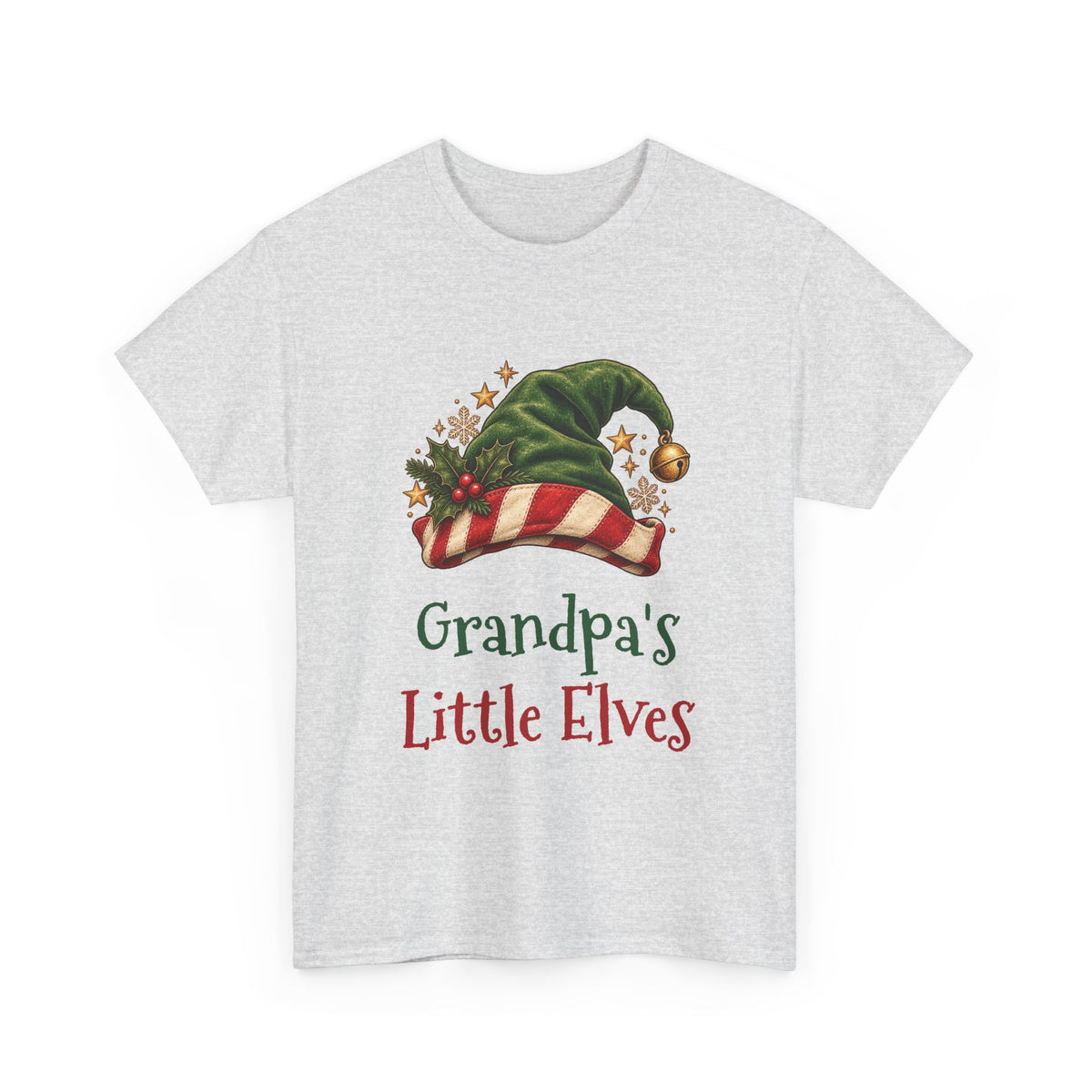 Ash Grandpa's Little Elves t-shirt with a green elf hat and holly, front view