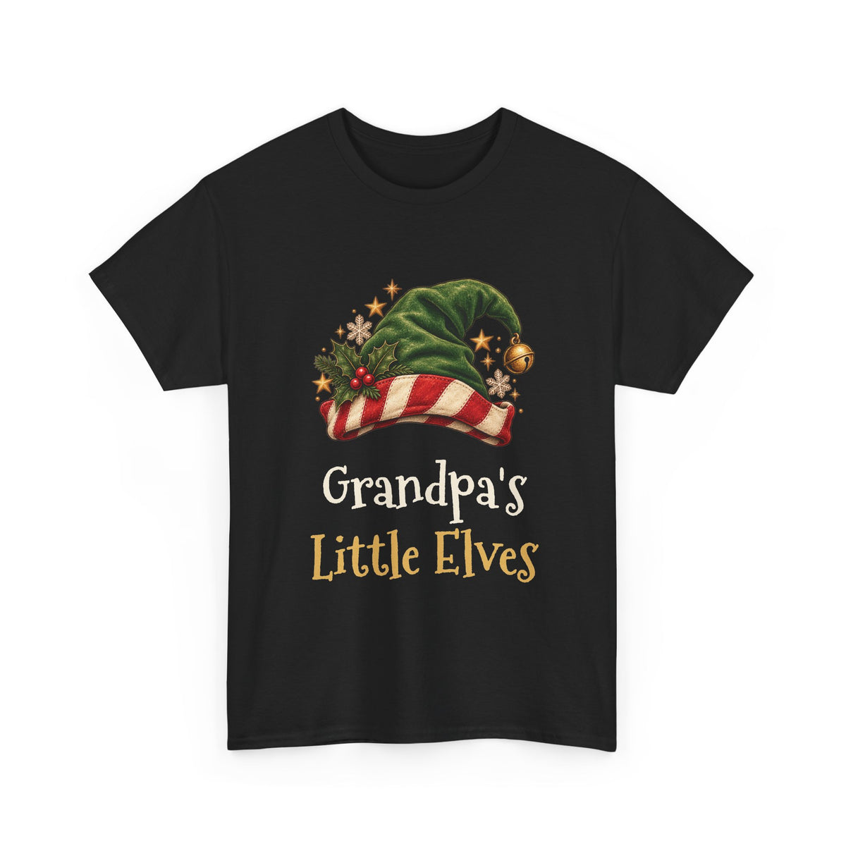 Black Grandpa's Little Elves t-shirt with a green elf hat and holly, front view